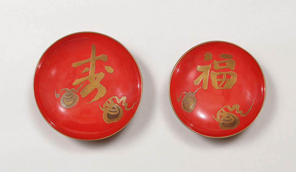 17 朱塗福寿玉絵二枚重盃
